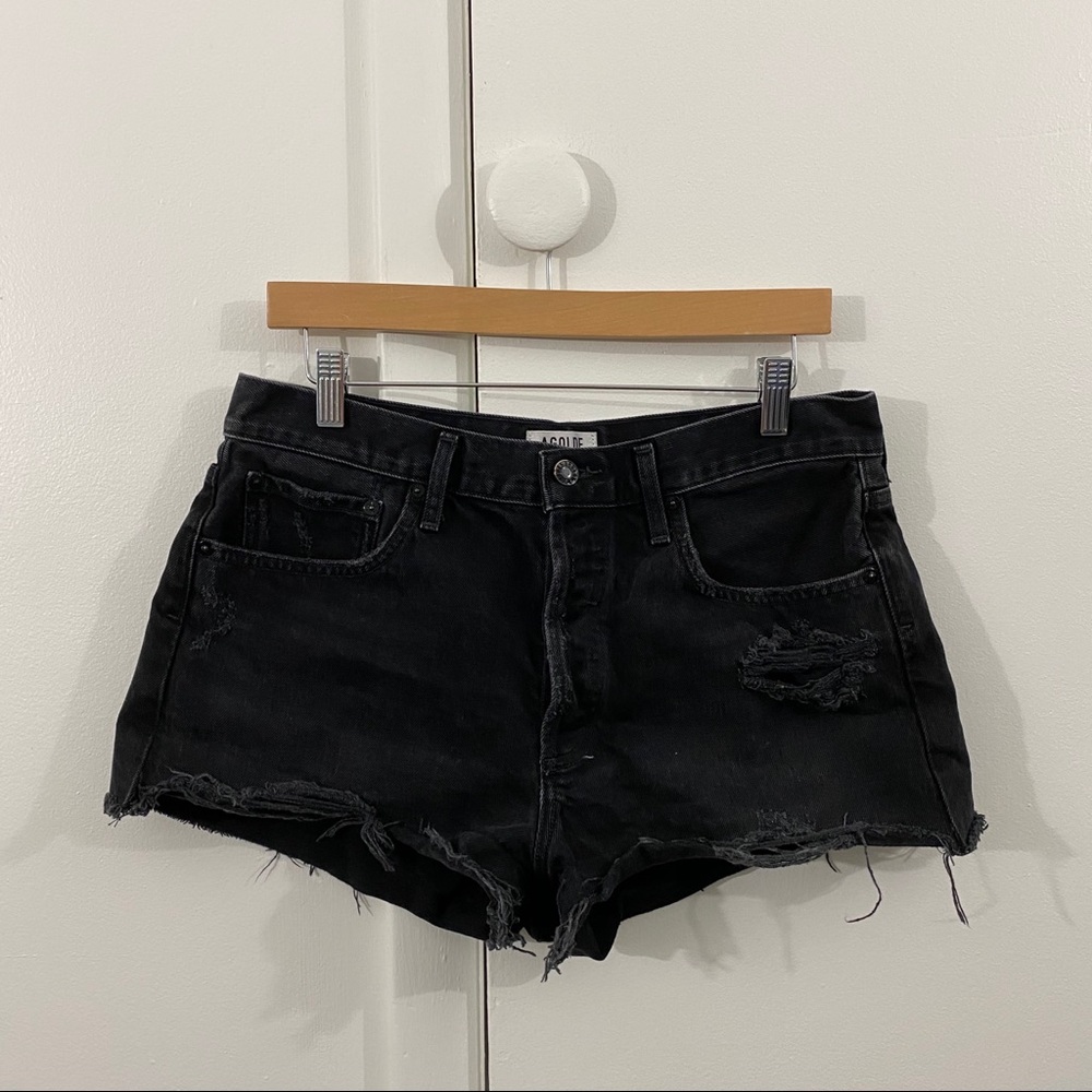 AGOLDE Black Distressed Button Fly Jean Shorts 30